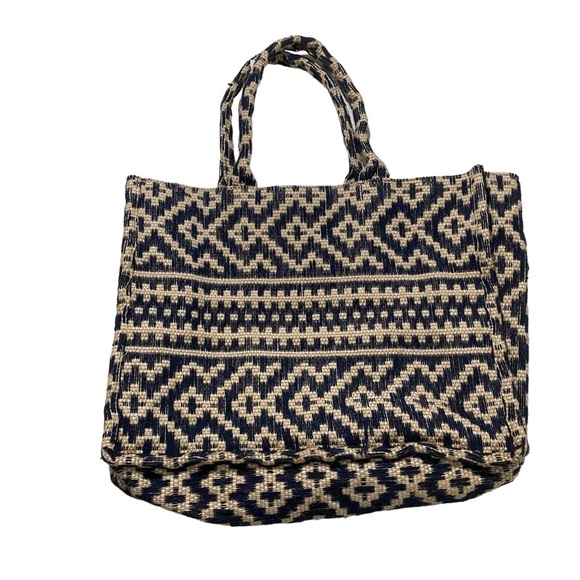 H&M Jacquard-Weave Handbag Large-Sized Brown & Blue Canvas Open Tote Bag Jute - Picture 2 of 10